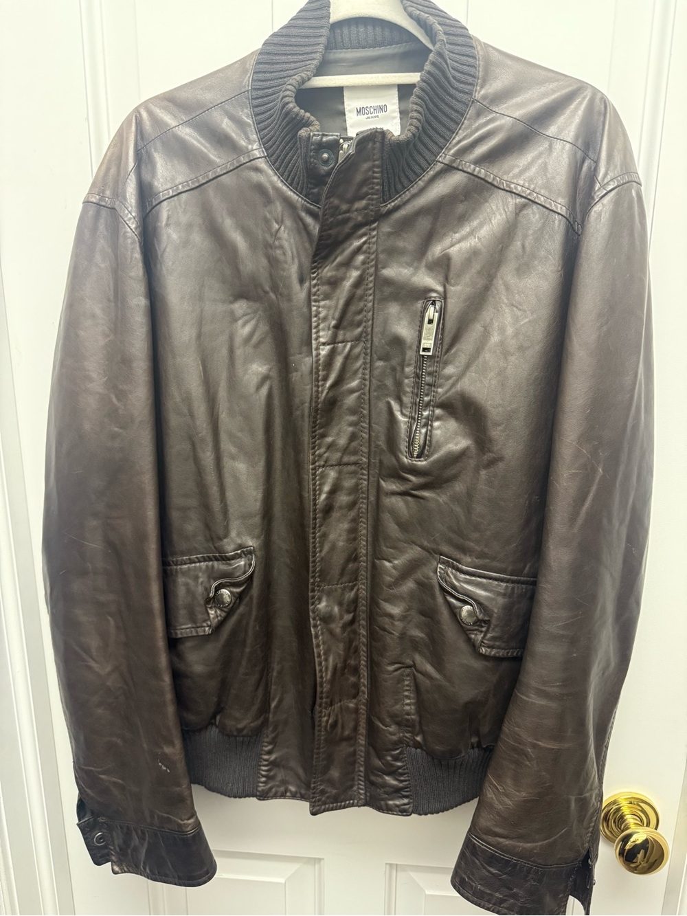 Moschino Brown Leather Bomber Jacket
